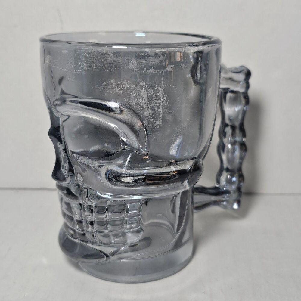 Translucent Smokey Glass Skull Beer Mug Drinking Glass With Handle 5" Heavy